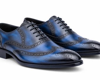 Handmade Blue Leather Oxford Shoes for Men, Luxury Brogue Dress Shoes, Formal Wedding Office Shoes, Premium Genuine Leather Oxfords,