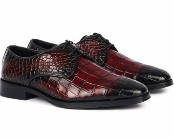 Men's Burgundy Croc Embossed Leather Oxford Shoes | Luxury Dress Shoes for Men | Formal Wedding Business Shoes | Handmade Leather Shoes