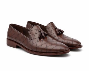 Handcrafted Brown Tassel Loafers for Men, Luxury Leather Dress Shoes, Slip-On Wedding Shoes, Formal Office Loafers, Premium Gift for Him