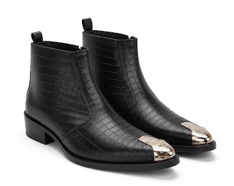 Men's Black Crocodile Embossed Leather Ankle Boots, Metal Toe Western Style