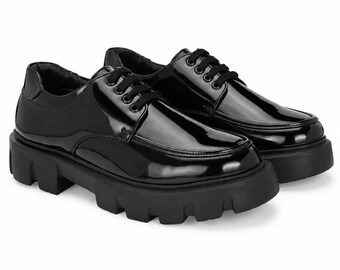 Luxury Black Patent Leather Chunky Derby Shoes for Men | Handmade Platform Dress Shoes | Formal Oxford Shoes | Gothic Fashion | DAILYSTEPCO