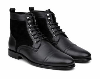 Men's Black Leather Ankle Boots | Handmade Genuine Leather Lace-Up Dress Boots | Luxury Formal Boots | Wedding Office Boots |