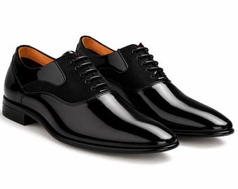 Men's Black Patent Leather Oxford Dress Shoes | Luxury Formal Wedding Shoes | Handmade Business Shoes | Classic Lace-Up Office Footwear |