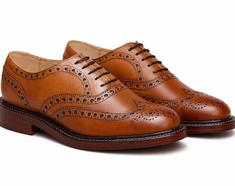 Men's Tan Leather Brogue Oxford Shoes | Handmade Wingtip Dress Shoes | Luxury Leather Formal Shoes | Classic Wedding Business Shoes |