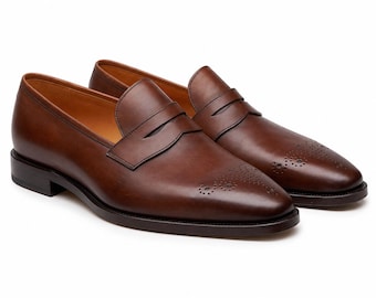 Brown Leather Penny Loafers for Men, Handmade Dress Shoes, Luxury Formal Slip-On Shoes, Brogue Toe Loafers, Office Wedding Business Footwear