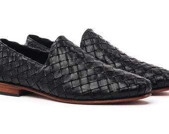 Black Woven Leather Loafers for Men, Handmade Slip On Dress Shoes, Luxury Formal Wedding Shoes, Premium Genuine Leather Loafers,