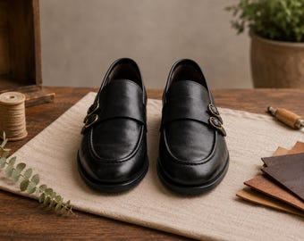 Black Leather Double Monk Strap Loafers | Men's Classic Dress Shoes, Formal Footwear