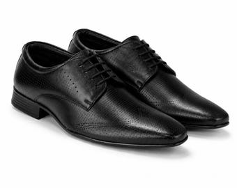 Black Leather Derby Dress Shoes for Men | Handmade Formal Wedding Shoes | Luxury Office Business Shoes | Premium Lace-Up Oxford Style |