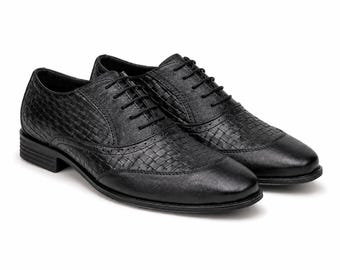 Black Woven Leather Oxford Shoes for Men, Handmade Formal Dress Shoes, Premium Business Wedding Shoes, Classic Lace-Up Office Shoes, D.S.C