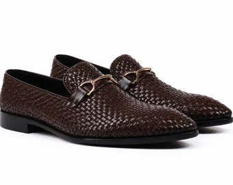 Brown Woven Leather Loafers for Men | Handmade Dress Shoes | Luxury Horsebit Formal Slip-On | Office Wedding Shoes | Premium Leather Loafers