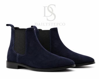 Men's Navy Suede Chelsea Boots, Handmade Leather Ankle Boots, Luxury Dress Boots, Classic Slip On Boots, Men's Designer Footwear