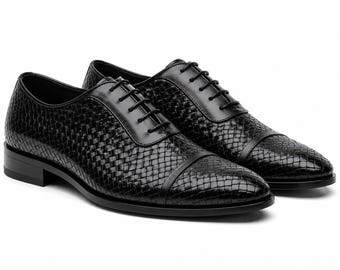 Men's Black Woven Leather Dress Shoes, Luxury Oxford Shoes, Handmade Formal Shoes, Elegant Business Wedding Shoes, Premium Men's Footwear
