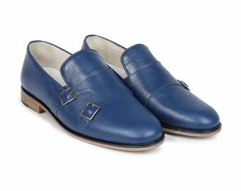 Men's Blue Double Monk Strap Leather Dress Shoes, Luxury Formal Wedding Shoes, Handmade Slip On Oxford Style Shoes, Business Office Footwear