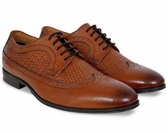 Brown Leather Oxford Dress Shoes for Men | Handcrafted Woven Brogue Formal Shoes | Luxury Business Wedding Office Shoes |Leather Footwear