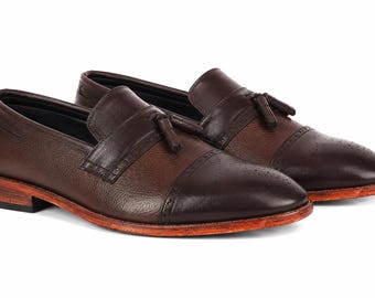 Men's Brown Leather Tassel Loafers | Handmade Dress Shoes | Luxury Slip On Shoes | Classic Formal Business Shoes | Men's Wedding Footwear