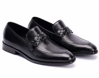 Men's Black Leather Loafers | Luxury Formal Dress Shoes | Braided Strap Slip-On Shoes | Wedding Office Business Shoes | Handmade Classic sho