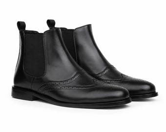 Men's Black Leather Chelsea Boots | Handmade Wingtip Dress Boots | Premium Genuine Leather Ankle Boots | Formal Wedding Boots | Luxury Men's
