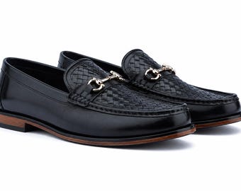 Men's Black Leather Horsebit Loafers, Luxury Dress Shoes, Handcrafted Formal Slip On Shoes, Premium Wedding Loafers, Business Office Shoes,