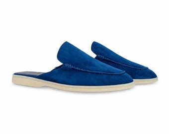 Blue Suede Leather Mule Loafers, Handmade Backless Slip On Shoes
