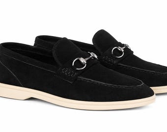 Black Suede Loafers for Men, Luxury Horsebit Slip On Shoes, Handmade Leather Moccasins, Designer Style Dress Shoes, Premium Gift for Him