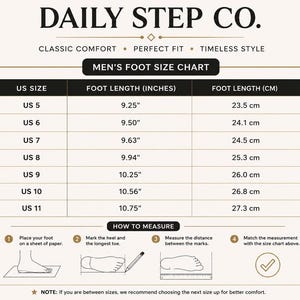 May include: A Daily Step Co. foot size chart featuring a table with US sizes 5 through 11, corresponding foot lengths in inches and centimeters, and a four-step visual guide on how to measure foot length by marking the heel and longest toe.