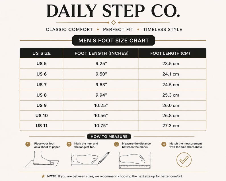 May include: A Daily Step Co. foot size chart featuring a table with US sizes 5 through 11, corresponding foot lengths in inches and centimeters, and a four-step visual guide on how to measure foot length by marking the heel and longest toe.