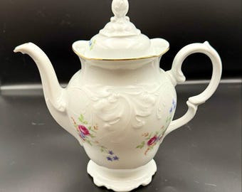Tetera/cafetera de porcelana Wawel Polonia Rose Garden vintage con relieve de pergamino