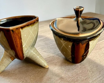 Atomic MCM Sugar & Creamer Set Japan Space Age Tripod Drip Glaze 1950s