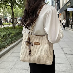 Woven Straw Tote Bag, Square Shoulder Handbag, Minimalist Summer Beach Purse image 1