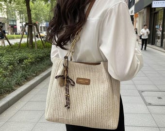 Woven Straw Tote Bag, Square Shoulder Handbag, Minimalist Summer Beach Purse