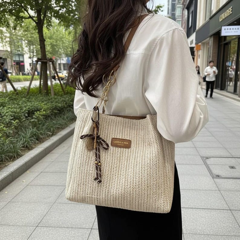 Woven Straw Tote Bag, Square Shoulder Handbag, Minimalist Summer Beach Purse image 1