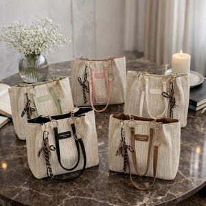 May include: A collection of woven tote bags in various colors, including black, brown, pink, green, and white. Each bag features a matching handle and a decorative tassel. The bags are arranged on a marble-like surface.