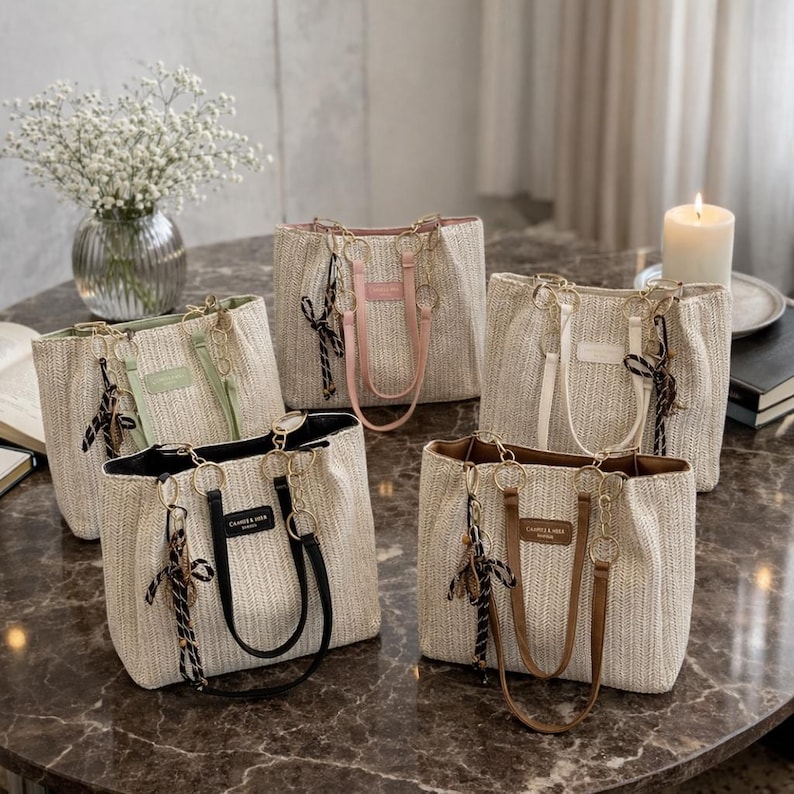 May include: A collection of woven tote bags in various colors, including black, brown, pink, green, and white. Each bag features a matching handle and a decorative tassel. The bags are arranged on a marble-like surface.