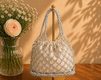 Woven Straw Beach Bag, Gold Silver Hollow Tote, Boho Net Handbag with Cotton Lining