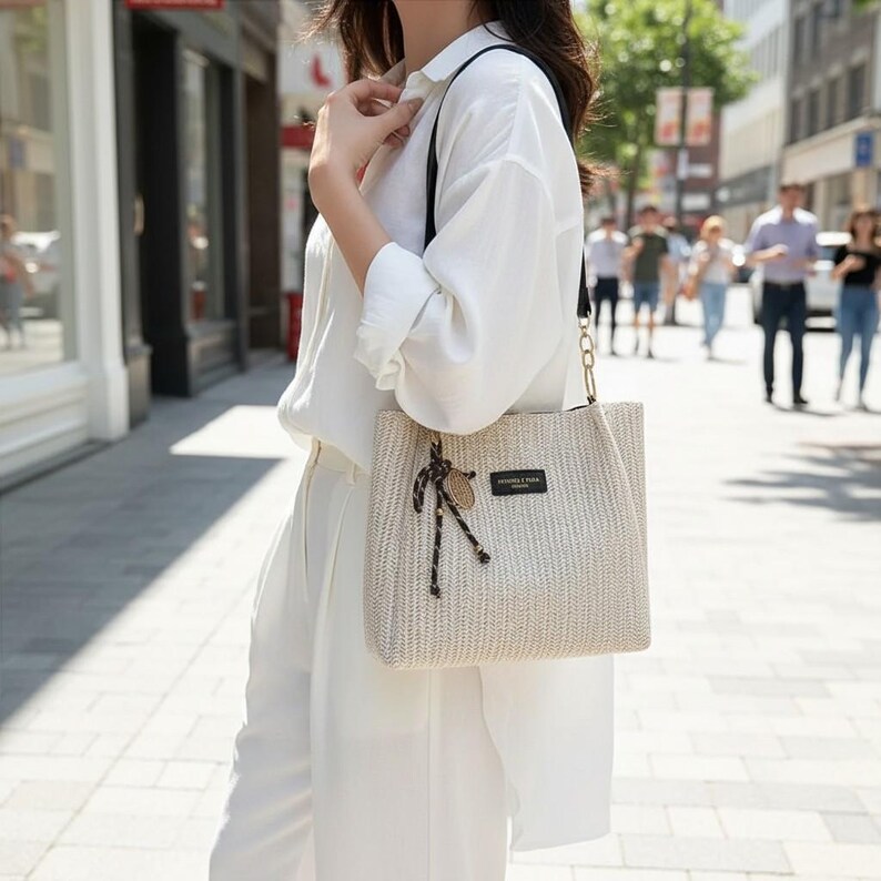 May include: A beige woven tote bag with a black strap and gold chain detail. The bag has a rectangular shape and a small tag with text. A decorative rope and wooden charm hang from the handle.