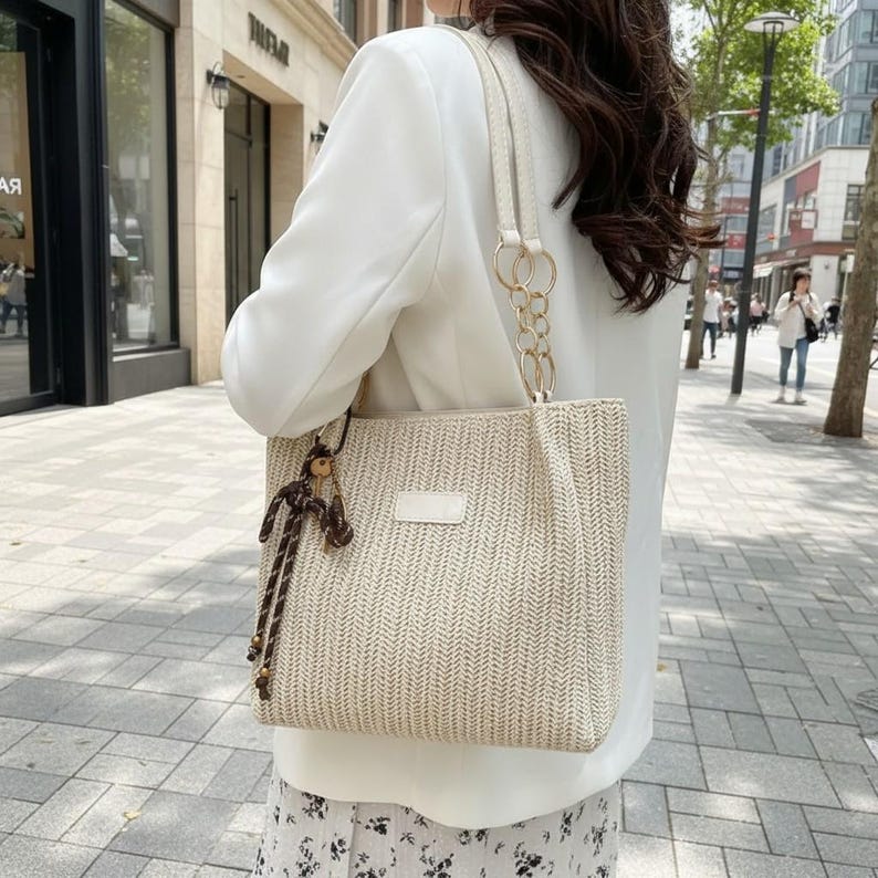 May include: A woven beige tote bag with a cream-colored handle and gold chain accents. The bag features a rectangular shape and a small, rectangular patch on the front. A decorative charm hangs from the handle.