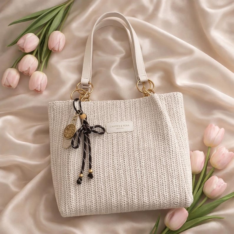 May include: Cream-colored woven tote bag with white handles and gold-tone hardware. A black and white tassel and charm hang from the bag. The bag has the text "CARTES & NORA" on a small white label. Pink tulips are arranged around the bag.