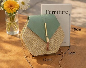 Hexagon Straw Bag, Boho Woven Rattan Handbag, Chain Strap Shoulder Crossbody Purse