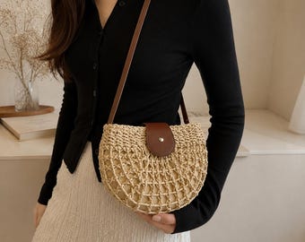 Summer Rattan Shoulder Bag, Handmade Straw Crossbody Purse, Boho Woven Beach Handbag for Women
