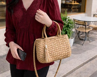 Woven Rattan Basket Bag, Boho Top Handle Shoulder Crossbody Purse for Summer Beach