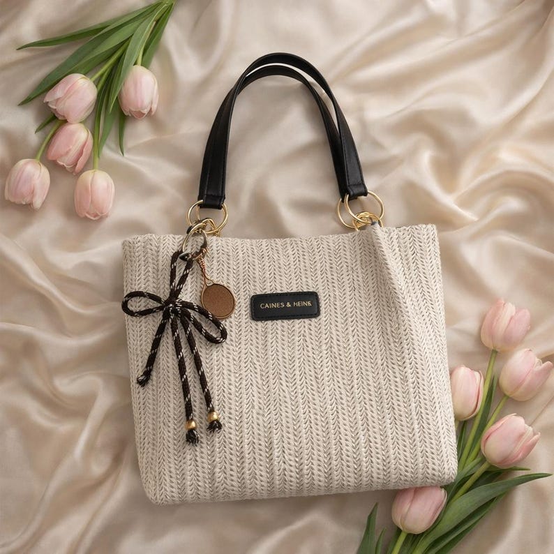 May include: A woven beige tote bag with black handles and gold-colored rings. The bag features a small brown tag and a decorative bow. The text "CAINES & HEINS" is printed on a black rectangle on the bag. Pink tulips are arranged around the bag.