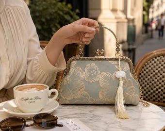 Embroidered Floral Shoulder Bag, Retro Silk Evening Clutch, Square Crossbody Purse