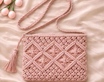 Boho Handwoven Shoulder Bag, Cotton Beach Tote with Tassel, Casual Travel Handbag