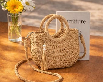 Woven Straw Half Moon Tote, Boho Rattan Shoulder Bag, Large Beach Handbag