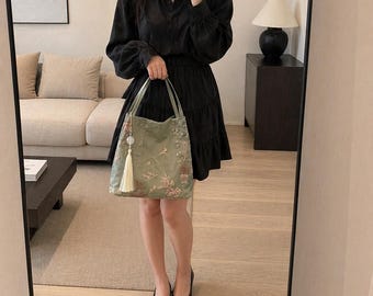 Chinese Jacquard Shoulder Bag, Silk Retro Crossbody Purse, Vintage Minimalist Handbag