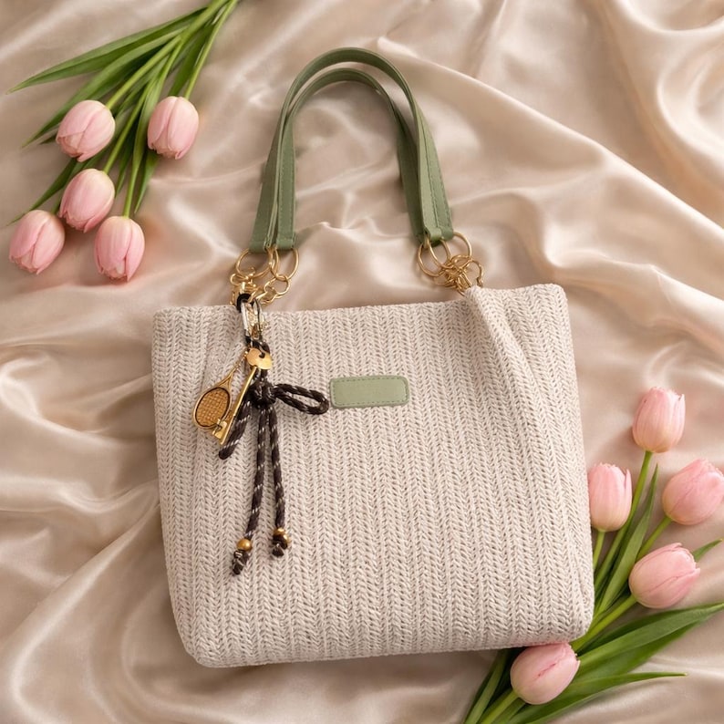Woven Straw Tote Bag, Square Shoulder Handbag, Minimalist Summer Beach Purse Green