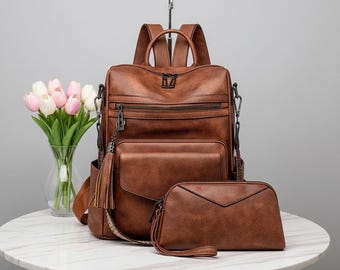 Women’s Leather Backpack, Anti Theft Waterproof Travel Bag, Large Casual College Backpack
