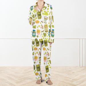 Funny Pickle Print Pajama Set – Long Sleeve Button-Up Shirt & Pants, Soft Comfy Sleepwear, Cute Food Theme Loungewear