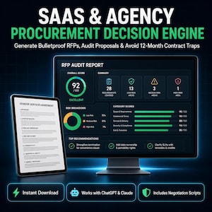 Könnte beinhalten: Ein digitaler Bildschirm zeigt ein SAAS & AGENCY PROCUREMENT DECISION ENGINE Dashboard mit einem RFP AUDIT REPORT, Risikodiagrammen und Kategoriewerten. Ein Tablet zeigt ein VENDOR SERVICES AGREEMENT. Text beinhaltet Instant Download.