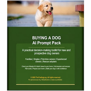 May include: A digital product cover titled BUYING A DOG AI Prompt Pack, featuring a light golden puppy with its tongue out. The text includes: A practical decision-making toolkit for new and prospective dog owners, Families, Singles, First-time owners, Experienced owners, Rescue adopters, Check your lifestyle fit, Match breed to your home, Vet breeders and rescues, Plan costs, Prepare your home, Settle your dog in with confidence, and 2025 TheTradingLog. All rights reserved.